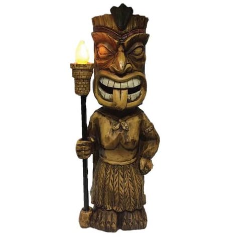 "Purchase the Santa's Workshop 18\" Solar Tiki Man Statue at Michaels. com. Bring the magic of the big island to your big backyard with this wonderfully rendered tiki man. Bring the magic of the big island to your big backyard with this wonderfully rendered tiki man. Solar powered tiki torch emits a warm glow after dark. Made of long lasting resin and beautifully hand painted, this 18\" Solar Tiki Man is sure to provide many seasons of pleasure. Details: Brown 7.25\" x 5.75\" x 18\" Solar powere Tiki Ideas, Torches Tiki, Outdoor Cooking Station, Tiki Signs, Tiki Man, Tiki Statues, Tiki Bar Decor, Tiki Art, Big Backyard