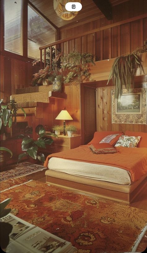 70s Nature House, 70s Architecture Bedroom, 1970s Apartment Decor, 60s Bohemian Interior, 70s Forest House, Retro 70s Apartment, Retro Pink Interior, 70s Cabin Exterior, 70s Earthy Aesthetic Home