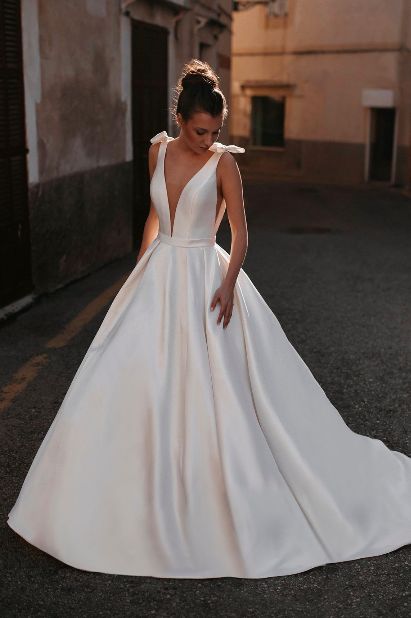 Low Back Wedding Gowns, Simple Satin Wedding Dress, Bow Wedding Dress, White Wedding Dress, V Neck Wedding Dress, Lace Bridal Gown, Allure Bridal, Satin Wedding Dress, Wedding Dress Trends