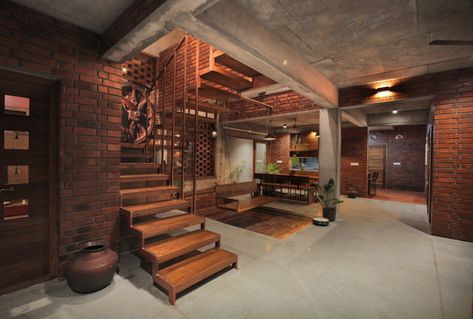 Gallery of The Brick House / Srijit Srinivas - ARCHITECTS - 15 Brick Construction, Internal Courtyard, Kerala Houses, Brick Architecture, Exposed Concrete, Architecture Awards, The Brick, Brick Building, Spacious Living Room