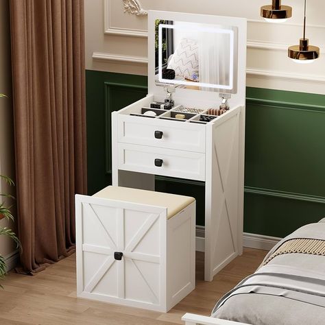 Amazon.com: FREDEES Farmhouse 3 in 1 Vanity Desk with Mirror,Small Makeup Vanity Set with Soft Light, Space-Saving Makeup Vanity with Storage Compartment and Padded Stool,Dressing Table for Bedroom,White : Home & Kitchen Makeup Vanity With Storage, Small Makeup Vanity, Dressing Table For Bedroom, Vanity With Storage, Small Makeup Vanities, Makeup Vanity Storage, Vanity Desk With Mirror, Desk With Mirror, Desk Nightstand