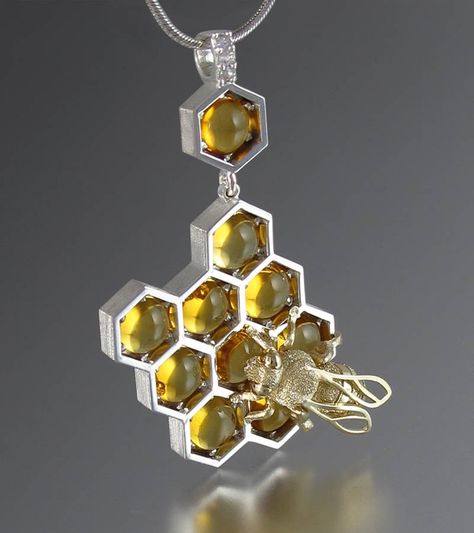 This beautiful honeycomb pendant with honeybee is handcrafted by WingedLion jewelers using sterling silver, 14 karat gold, cabochon-cut citrines and round-cut, white sapphire accent stones. Honeycomb Jewelry, Cat Eye Jewelry, Garnet Wedding, Jewellery Pendant, Silver Strand, Diamond Earrings Design, Sterling Silver Brooch, Eye Pendant, Brooch Jewelry