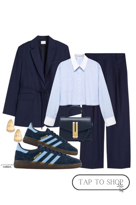 Navy suit, co ord set, navy tie belt blazer, wide leg trousers, blue stripe collared crop shirt, gold hoop earrings, Demellier bag & blue Adidas Spezial trainers. Casual work wear, office style, smart casual office outfit, office chic, business casual outfit Navy Trousers Outfit Women, Navy Blue Blazer Outfit Women, Navy Blazer Outfit Women, Smart Casual Blue, Demellier Bag, Blue Adidas Spezial, Navy Blue Pants Outfit, Blue Trousers Outfit, Navy Blue Blazer Outfit