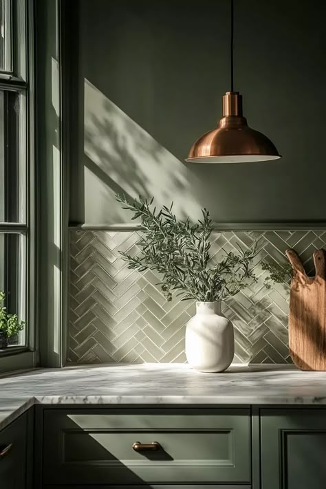 Green Kitchen Flooring, Kitchen Cabinets Sage Green, Green Kitchen Units, Kitchen Herringbone Floor, Paint Sage Green, Classic Kitchen Design Ideas, Kitchen Sage Green, Kitchen Exposed Brick, Green Kitchen Paint