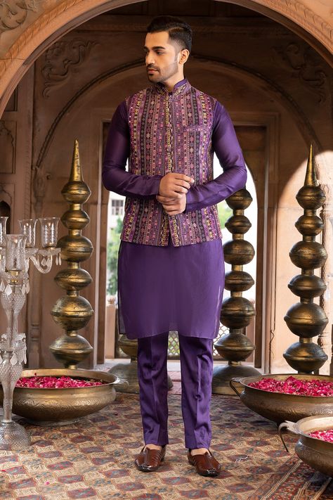 Buy Purple Crepe Printed Geometric Bundi And Kurta Set For Men by Chhavvi Aggarwal Online at Aza Fashions. Luxury Traditional Men's Wear For Festive Occasions, Luxury Chanderi Bandhgala For Designer Wear, Purple Indian Men Dress, Luxury Traditional Wear For Men With Stand Collar, Luxury Bandhgala With Mandarin Collar For Navratri, Luxury Purple Sherwani For Eid, Luxury Multicolor Nehru Jacket For Wedding, Luxury Purple Bandhgala For Festive Occasions, Luxury Festive Purple Bandhgala