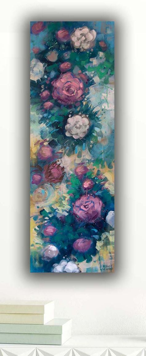 Tall, narrow canvas floral flower painting. A colorful painting bursting with color and energy. A contemporary take upon a timeless motif for great wall art. Browse my Etsy shop to find original artworks large and small for any budget! Go look! Narrow Painting, Narrow Canvas Painting Ideas, Tall Canvas Painting Ideas, Long Canvas Painting, Long Canvas Painting Ideas Vertical, Long Canvas Painting Ideas, Long Painting, Flower Painting Canvas, Flower Canvas