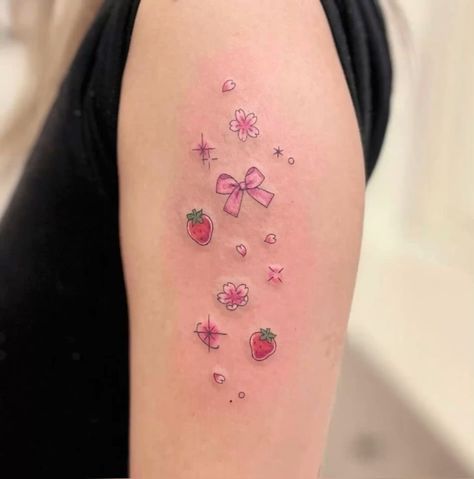 Cute Thigh Tattoos, Strawberry Tattoo, Magic Runes, Pink Tattoo, Funky Tattoos, Alien Tattoo, Kawaii Tattoo, Cute Little Tattoos, Wrist Tattoos For Women