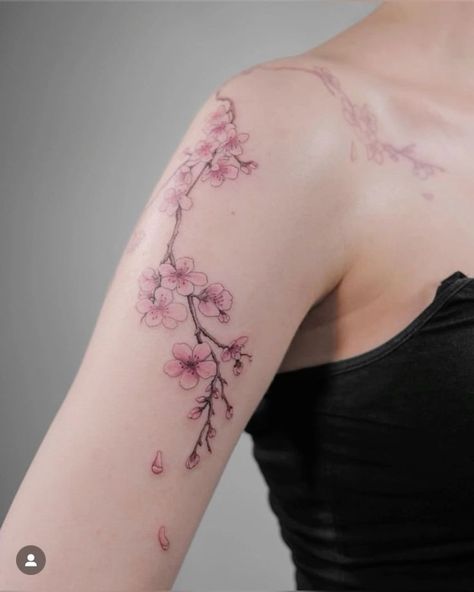 Japanese Tattoo Designs For Women, Japanese Cherry Blossom Spine Tattoo, Sakura Petals Tattoo, Cherry Blossom Tattoo Arm For Women, Chinese Plum Blossom Tattoo, Sakura Arm Tattoo, Cherry Blossom Tattoo Collar Bone, Japanese Tattoo Art Feminine, Sakura Branch Tattoo