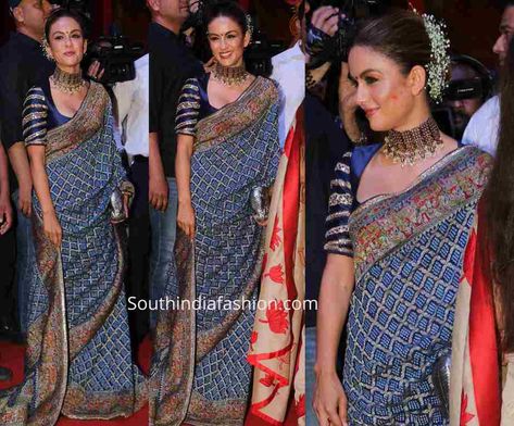 Natasha Poonawalla celebrated Dussehra wearing a blue bandhani saree by Manish Malhotra. She accessorized her look with a statement antique choker and silver clutch! Bandhani Saree Look, Blue Bandhani Saree, Gharchola Saree, Gajra Bun, Antique Choker, Bun Look, Silver Clutch, Dresses Traditional, Indian Dresses Traditional