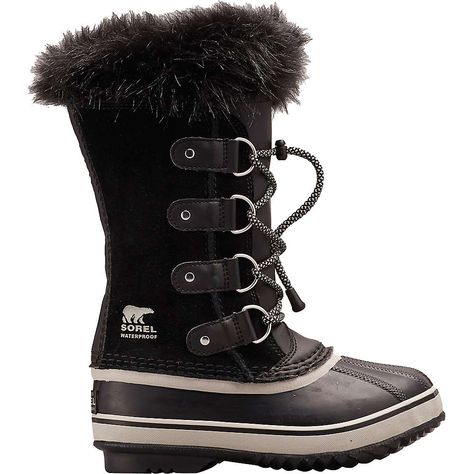 Sorel Youth Joan Of Arctic Boot - 1 - Black / Dove Black Boots Outfit, Fur Snow Boots, Girls Winter Boots, Sorel Joan Of Arctic, Sorel Joan, Waterproof Winter Boots, Outdoor Boots, Sorel Winter Boot, Girls Boots