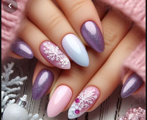 Pink And Gray Christmas Nails, Once Upon A Time Nails, Dark Purple Christmas Nails, Purple Winter Nails Acrylic, Pink And Purple Christmas Nails, Light Purple Winter Nails, Pastel Holiday Nails, Christmas Purple Nails, Christmas Nails Fun