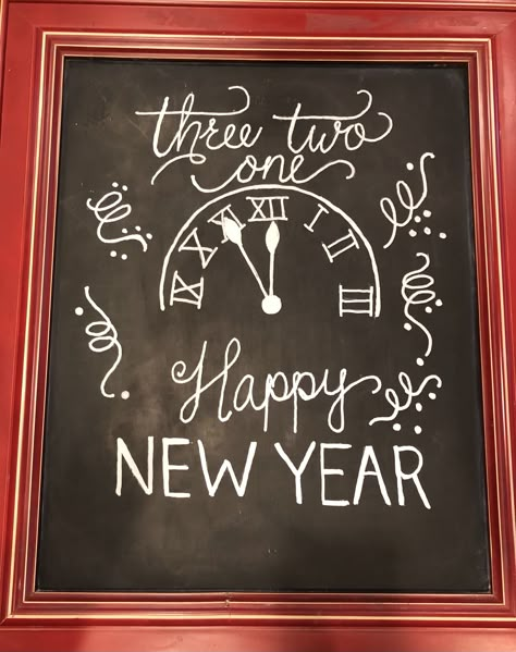 Nye Chalkboard Art, New Year’s Eve Chalkboard Art, Holiday White Board Ideas, New Years Chalkboard Ideas, New Years White Board Ideas, Monthly Chalkboard Ideas, January Chalkboard Calendar, Happy New Year Chalkboard Art, New Years Chalkboard Art