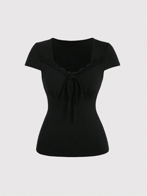 SHEIN EZwear Women's Lace Floral Patchwork Sweetheart Neckline T-ShirtI discovered amazing products on SHEIN.com, come check them out! Sweetheart Neckline Shirt, Cute Black Shirts, Black Shirts Women, Black Shirts, Floral Patchwork, Tech Shirt, Shirts Women, Women T Shirts, Outfits Ideas