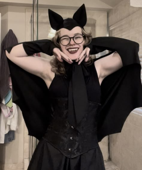 literally my favorite costume i have ever put together Bat Halloween Costume Makeup, Bat Costume Woman, Vintage Bat Halloween Costume, Bat Halloween Costume Women, Vintage Bat Costume, Bat Bonnet, Bat Costume Women's, Bat Costume Makeup, Thrifted Halloween Costumes