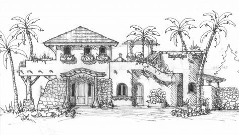 An elevation sketch for a beach house in Mexico. Mexico Beach House, Spanish Style Bedroom, Elevation Sketch, House Sketches, Beach House Pictures, Spanish Style Furniture, House Courtyard, Mission Style Homes, Beach Interior Design