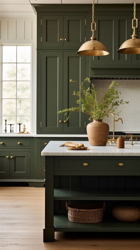 Dark Green Kitchen Cabinets Gold Hardware, Green Cabinets With Marble Countertop, Like Wash Kitchen Walls, Green Kitchen Dark Floor, Green And White Kitchen Aesthetic, Dark Green Kitchen Cabinets White Countertops, Green Kitchen With Marble Countertops, Army Green Kitchen Cabinets, Dark Olive Kitchen Cabinets