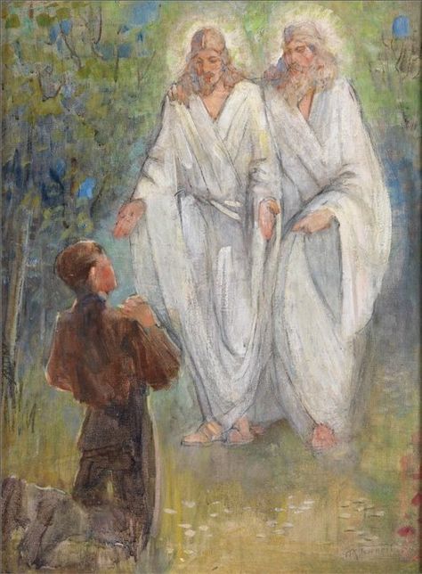 First vision of Joseph Smith First Vision Art, Minerva Teichert, Mormon Art, Sacred Groves, Vision Art, Lds Art, Joseph Smith, Lds Temples, Gospel Of Jesus Christ