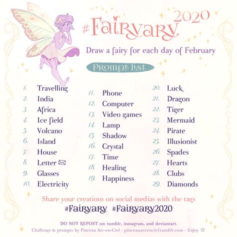 Fairyary - February Art Challenge - BrushWarriors February Drawing Challenge, February Art Challenge, February Art, Sketchbook Prompts, 30 Day Art Challenge, Art Journal Challenge, Drawing Challenges, 30 Day Drawing Challenge, Prompt List