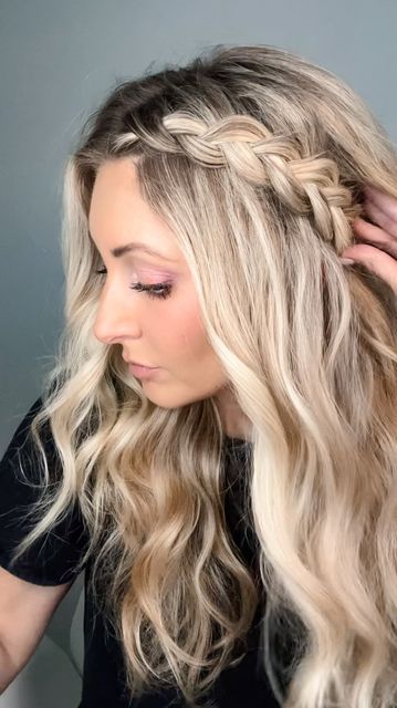 Hoco Hairstyles Long Hair Half Up, One Braid In Hair Down, Braids In Long Hair Down, Soft Braid Half Up Half Down, Loose Front Braid, 2 Dutch Braids Half Up Half Down Curled, Easy Side Braids For Long Hair Half Up Half Down, Curled Hair Down With Braid, Side Dutch Braid With Curls