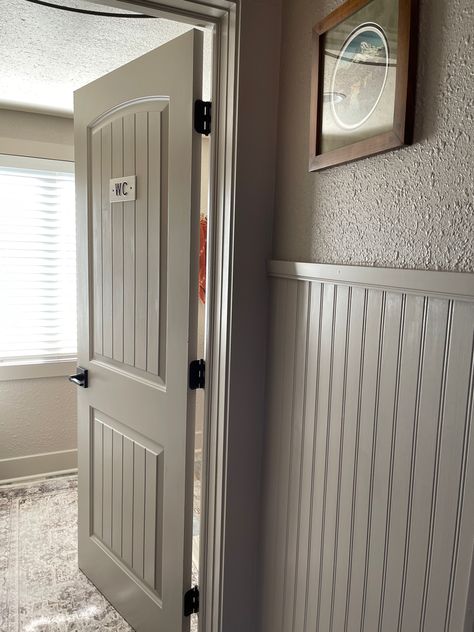 Greige beadboard Beadboard Doors Diy, Greige Beadboard, Beadboard Pantry, Beadboard Entryway, Beadboard Door, Cottage Kitchen Makeover, Vintage Cottage Kitchen, Diy Beadboard, Mudroom Makeover