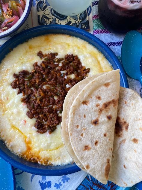 Queso Fundido!! - La Piña en la Cocina Mexican Queso Fundido Recipe, Queso Flameado Recipe Chorizo, Chorizo Queso Fundido, Chorizo Fundido Dip, Homemade Queso Fundido, Queso Flameado Recipe, Flameado Recipe, Queso Fundido With Chorizo, Queso Flameado