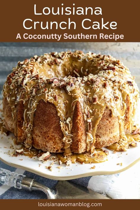 Louisiana Crunch Cake is a moist, buttery pound cake with a sugary coating on the outside, drizzled with a cane sugar glaze and topped with lots of crunchy toasted coconut flakes and pecans. Crunch Pound Cake Recipe, Mile High Pound Cake Recipe, French King Cake Recipe, Cajun Cake Recipe, Louisiana Crunch Cake, Crunch Cake Recipe, Buttery Pound Cake, Southern Cakes, Cake Bundt