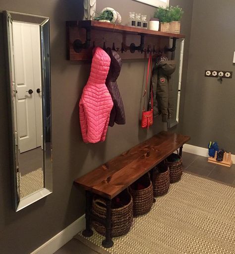 My DIY mudroom made out of pipe and pine! I'd say I was fairly inspired by all the #fixerupper shows I've been watching! @joannagaines @fixer_upper_fanpage #pine #pipefurniture #galvanizedpipe #pipebench #pipeshelf by thisismyhappy Industrial Diy Decoration Ideas, Urban Industrial Decor, Farmhouse Mudroom, Industrial Pipe Furniture, Diy Home Decor For Apartments, Diy Coat Rack, Industrial Home Design, Diy Entryway, Industrial Interior Design