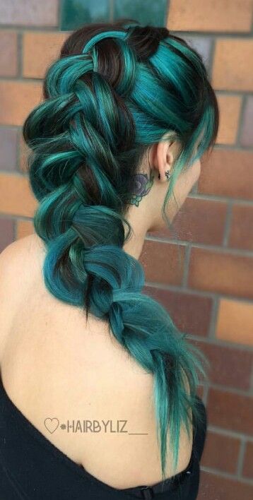 Teal greenish blue braided dyed hair color @liz.colors Pancake Braid, Teal Hair, Trendy Hair Color, Hair Color Blue, Hair Dye Colors, Hair Color Dark, Mermaid Hair, Rainbow Hair, Green Hair