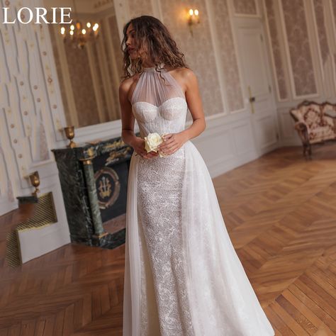 LORIE BOHO Lace Appliques Wedding Dresses Mermaid Halter Beading Draped Bride Prom Gown Detachable Halter A Line Wedding Dress, Wedding Dress Applique, Dress Applique, Backless Bridal Gowns, Applique Wedding Dress, Lace Bridal Gown, A Line Wedding Dress, Lace Bridal, A-line Wedding Dress