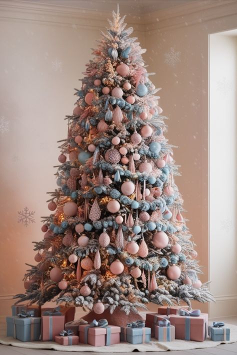 Pink And Blue Christmas Tree, Christmas Tree Color Schemes, Pink And Blue Christmas, Christmas Tree Colour Scheme, Color Schemes Blue, Silver Garland, Coordinates Gift, White Fairy Lights, Blue Christmas Tree