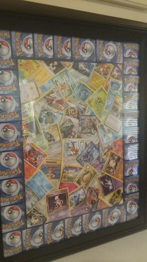 A cute and easy way for pokemon fans to enjoy their pokemon cards when they have to many Pokemon Cards Crafts Ideas, Art With Pokemon Cards, Pokemon Card Display Diy, Display Pokemon Cards, Pokemon Cards Display, Upcycle Pokemon Cards, Pokemon Card Art Diy, Pokemon Card Display Ideas, Pokemon Cards Diy