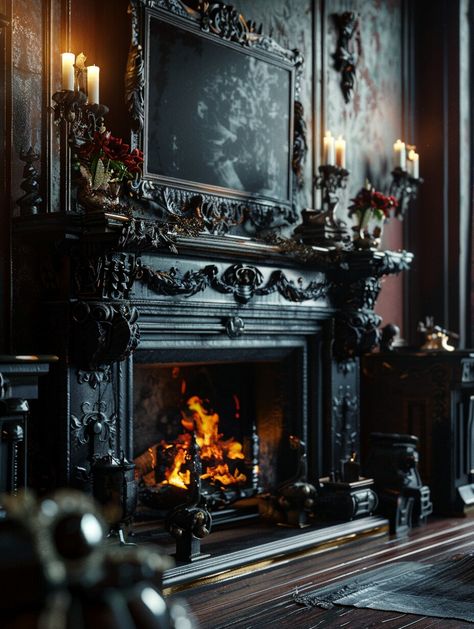 Mantel Decoration Ideas, Gothic Fireplace, Victorian Gothic Decor, Gothic Homes, Mantel Decorating Ideas, Goth Houses, Dark Cottage Core, Halloween Fireplace, Mantel Decorating