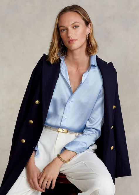 Silk Charmeuse Shirt Silk Shirt Outfit, Ralph Lauren Looks, Polo Shirt Dress, Fashion Corner, Summer Work Outfits, Ralph Lauren Outfits, Silk Charmeuse, Natural Elements, Work Attire