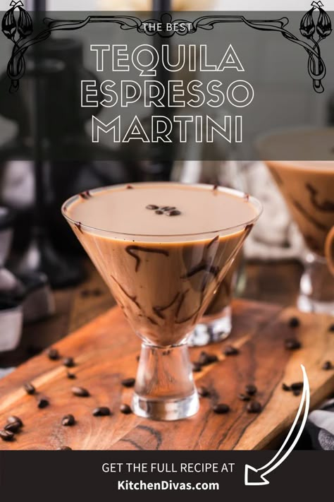 a tequila espresso martini on a wood cutting board with some coffee beans on it. Martini Recipes Classic, Coffee Martini Recipe, Tequila Martini, Coffee Tequila, Kahlua Drinks, Tequila Drinks Recipes, Chocolate Martini Recipe, Baileys Drinks, Baileys Cocktails