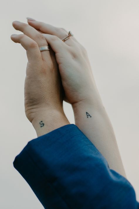 Interracial Couple Tattoos, Subtle Marriage Tattoo, Tatoos Couple Husband Wife, Small Tattoos For Wife, Tiny Marriage Tattoos, Dainty Wedding Tattoos, Fine Line Husband And Wife Tattoos, Couple Tattoos 2023, A Tattoo Letter Initial On Finger