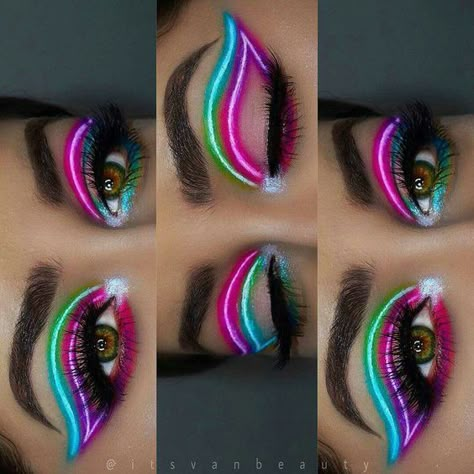 Makeup For Neon Party, Neon Rave Makeup Ideas, Circus Makeup Pretty, Neon Makeup Ideas Eye, Cool Eyeshadow Looks Creative, Neon Party Makeup, Neon Eyeliner Looks, Rave Makeup Looks, Neon Eyeshadow Looks