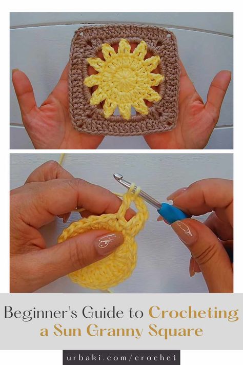 Crocheting is an incredibly therapeutic and creative hobby that allows you to transform a simple strand of yarn into beautiful, intricate designs. If you're just starting out on your crochet journey, there's no better project to brighten your skills than creating a sun granny square. In this guide, we'll walk you through the steps to crochet your own burst of sunshine. Crocheting a sun granny square is not only a delightful project for beginners but also a fantastic way to infuse... Crochet Sun Square Pattern, How To Crochet A Basic Granny Square, Crochet Sun Granny Square Free Pattern, Sun Granny Square Pattern Free, Sun Granny Square Crochet Pattern, Sun Crochet Granny Square, Sun Granny Square Free Pattern, Sun Burst Granny Square, Sunshine Granny Square