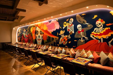 Happy hour and Taco Tuesday highlight the Mexican menu at Casa Calavera at Virgin Hotels - Eater Vegas Roasted Red Salsa, Mexican Restaurants Interior, Achiote Chicken, Virgin Hotel, Mexican Restaurant Design, Mexican Restaurant Decor, Mural Cafe, Mexican Bar, Dia De Los Muertos Decorations Ideas