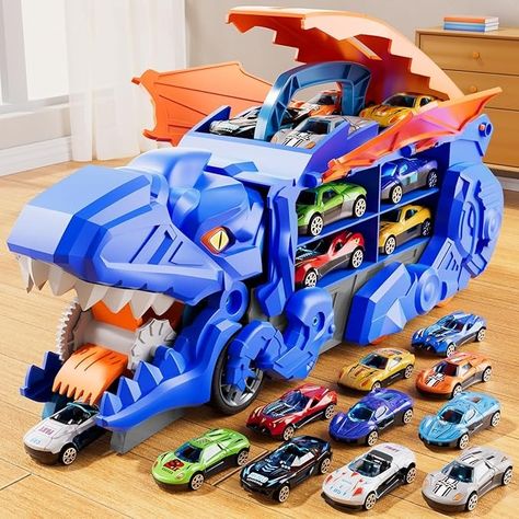 Amazon.com: Dinosaur Planet Transformed Dinosaur Boy Truck Toy with 10 Diecast Racing Cars, Dino Transport Car with Wings and Handle for Kids, Birthday Gift for 3 4 5 6 7 Year Old Boys Girls : Toys & Games Toys For Boys 3-5, Dinosaur Car, Toddler Boy Toys, Xmas Wishes, Hot Wheels Toys, Girls Toys, Car Toys, Popular Toys, Car Toy