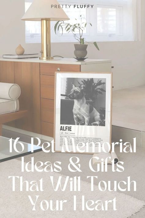 Create a beautiful tribute to your best friend with these unique and heartwarming dog memorial ideas. From personalized dog memorial stones to dog memorial jewelery and thoughtful shadow boxes, these touching dog memorial gifts will keep their spirit alive forever. #dogmemorial #dogmemorialgarden #dogmemorialideas Doggie Memorial Ideas, Animal Remembrance Ideas, Diy Dog Momentos, Memorial Shelf Display For Dog, Diy Pet Loss Gifts, Garden Memorial For Dogs, In Memory Of Dog Ideas, In Memory Dog Ideas, Memorial Ideas For Pets