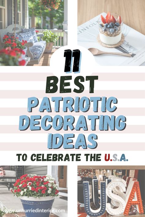 11 Best Patriotic Decorating Ideas to Celebrate the U.S.A. - Unhurried Interior Memorial Day Porch Decor, Patriotic Decorating Ideas, Patriotic Porch Decor, Front Porch Rocking Chairs, Patriotic Garland, Patriotic Porch, Americana Home Decor, Americana Home, Fourth Of July Decorations