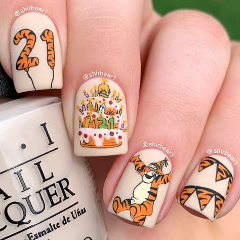 Tigger Themed BIRTHDAY Nails🥳 for more nail arts follow me on instagram and subscribe to my youtube channel @shirbear1 Tigger Nails, Tigger Halloween, Disney Acrylic Nails, Cute Winnie The Pooh, Thanksgiving Nails, Subscribe To My Youtube Channel, Birthday Nails, Chic Nails, Nail Arts