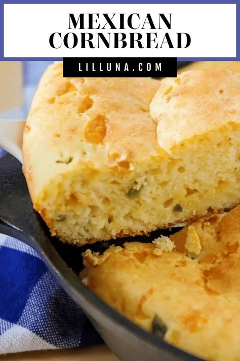 This Mexican cornbread is light, fluffy, and filled with cheddar cheese and jalapeño. It has a bit of a nip and a lot of flavor. #mexicancornbread #cornbread #mexican #jalapeno #bread Homemade Mexican Cornbread, Mexican Cornbread Recipe Jiffy, Jiffy Mexican Cornbread Easy, Lace Cornbread Recipe, Jiffy Mexican Cornbread, Cornbread Mexican, Mexican Cornbread Jiffy, Mexican Cornbread Casserole Recipe, Mexican Cornbread Casserole