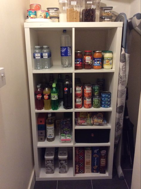 Cube Pantry Storage, Cube Shelf Pantry, Kallax Pantry Hack, Ikea Kallax Pantry, Kallax Kitchen Storage, Kallax Pantry, Cupboard Organisation, Pantry Hacks, Under Stairs Pantry