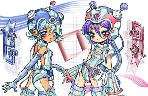 Cybercore Art Reference, Futuristic Anime Art, 2000s Space Aesthetic, Robot Y2k, Retro Futurism Character Design, Retro Futurism Y2k, Y2k Futurism Fashion, Retro Futurism Anime, Japanese Futurism