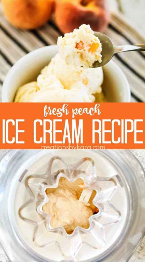 Indulge in the taste of summer with this HOMEMADE PEACH ICE CREAM recipe. With just a few simple ingredients, you can create a creamy and delicious ice cream that can't be beat!. #peachicecream #homemadeicecream @Creations by Kara Fresh Peach Ice Cream, Cuisinart Ice Cream Maker Recipes, Homemade Ice Cream Recipes Machine, Kitchen Aid Ice Cream, Peach Ice Cream Recipe, Homemade Peach Ice Cream, Frozen Treats Recipes, Ice Cream Recipes Machine, Cuisinart Ice Cream