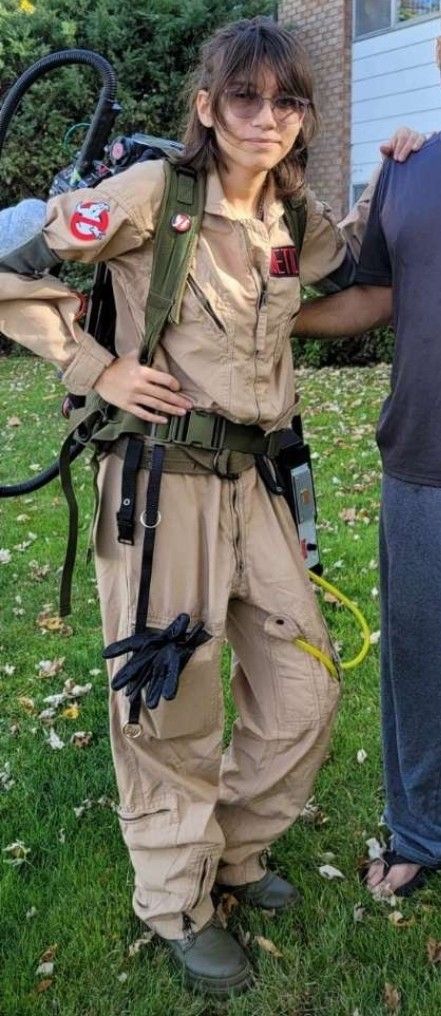 It's actually my dad's ghost buster costume 100 put together by him Video Game Character Halloween Costumes, Ghost Buster Halloween Costume, Ghost Busters Costume Women, Halloween Fit Ideas, Ghostbusters Costume Women, Halloween Costumes Ghostbusters, Ghost Buster Costume, Ghost Busters Costume Diy, Ghostbusters Halloween Costumes