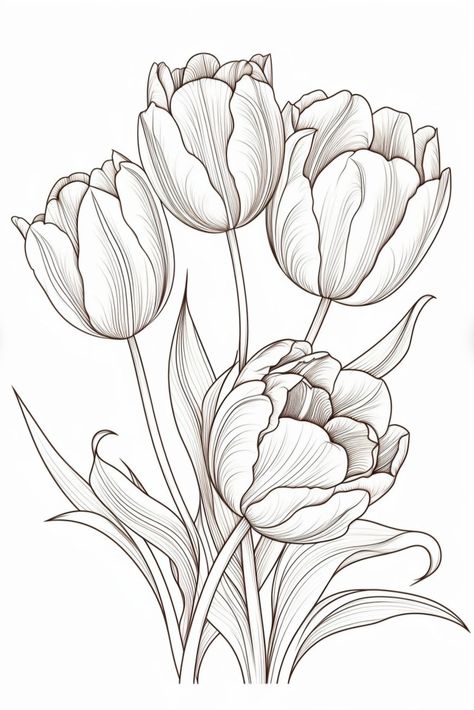 Tulip Flower Drawing, Flower Sketch Pencil, Printable Drawings, Doodle Practice, Art Topics, Tulip Drawing, Printable Flower Coloring Pages, Draw Tutorial, Doodle Art Flowers