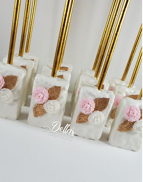 Floral Rice Krispy Treats, Flower Rice Krispie Treats, Baby In Bloom Rice Krispies, Pink Chocolate Covered Rice Krispies, Rose Gold Rice Krispie Treats, Elegant Rice Krispie Treats, Bridal Shower Rice Krispie Treats, Boho Rice Krispie Treats, Quinceañera Treats