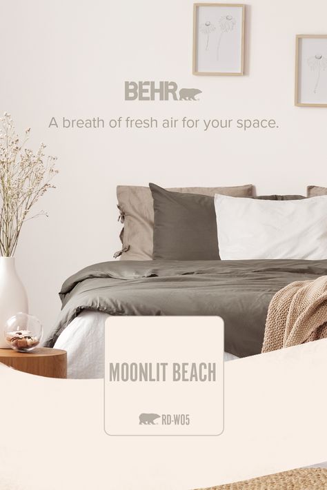 Moonlit Beach is a relaxing neutral that brings a breath of fresh air to your space. Moonlit Beach, Behr Colors, Color Of The Month, Behr Paint Colors, Warm Decor, Behr Paint, Bedroom Wall Colors, Relaxing Bedroom, Purple Walls